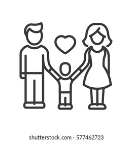 One Child Family - vector modern line design illustrative icon. A family of wife and husband, who are holding hands with a child with a heart above.