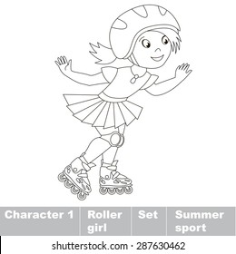 One child girl roller skating in a helmet and dress. Page to be color. Summer outdoor games for children. Kids summer sport.