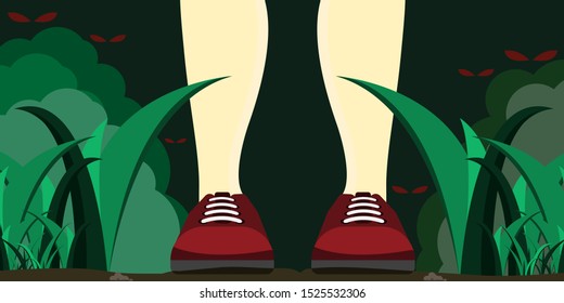One child who is lost in a dense forest alone The forest is full of danger from nature.