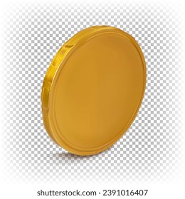 One chocolate coin in a gold wrapper stands on the edge isolated on a transparent background. Vector 3D realistic illustration.