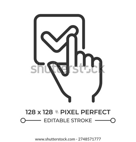 One choice pixel perfect line icon. Finger choose, validation option. Checked box, user feedback. Service approval. Isolated vector illustration. Outline symbol. Simple linear drawing. Editable stroke