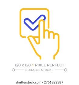 One choice pixel perfect two color line icon. Finger choose, validation option. Checked box. Service approval bicolor outline symbol. Duotone linear pictogram. Isolated illustration. Editable stroke