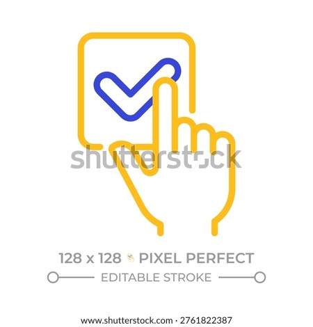 One choice pixel perfect two color line icon. Finger choose, validation option. Checked box. Service approval bicolor outline symbol. Duotone linear pictogram. Isolated illustration. Editable stroke