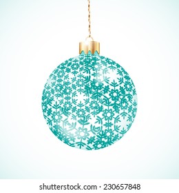 One Christmas blue ball with pattern on white background 