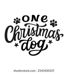 Um cachorro de Natal. Citação de letras de mão com impressões de pata isoladas no fundo branco. Texto de tipografia vetorial para bandanas para cães, roupas, decorações de Natal, cartões