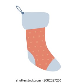 One Christmas Stocking. Red hand drawn knitted sock. Freehand isolated element. Vector flat Illustration. Only 5 colors - Easy to recolor.