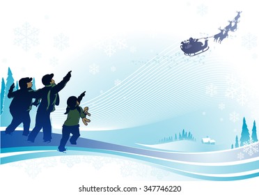 One Christmas Winter - Abstract composition with copy space, three children pointing to Santa Claus and his reindeer