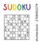 One classical sudoku isoleted on white stock vector illustration. Black and white nine by nine sudoku game with rainbow title. Vertical printable logical game without answer. Medium sudoku for kids.
