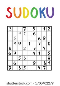 One classical sudoku isoleted on white stock vector illustration. Black and white nine by nine sudoku game with rainbow title. Vertical printable logical game without answer. Medium sudoku for kids.