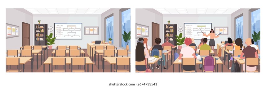 Uma sala de aula está vazia, a outra cheia de alunos envolvidos em uma aula com um professor no quadro branco. Conceito de educação, aprendizagem, vida escolar. Ilustração vetorial. Não gerada por IA