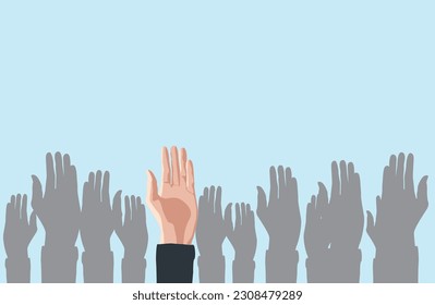 Una visión clara de una mano y muchas otras manos grises se levantan aisladas sobre fondo azul en blanco