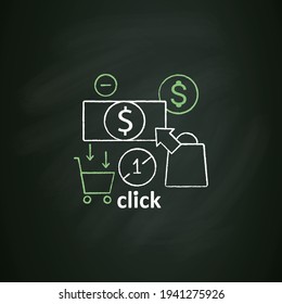 One click buying chalk icon. Disable internet shopping. Saving money. Ban online purchases.Mindful spending concept.Isolated vector illustration on chalkboard