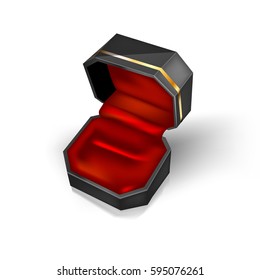 One close up empty black case for a engagement ring, cuff links and ornaments with a gold rim and with a red velor cloth inside. Vector Jewelry box Isolated on white background 
