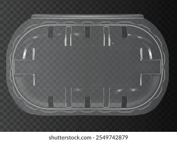 One closed plastic container with round corners isolated on the transparent vector background. Realistic empty 3d polyethylene box for food, vegetables, fruits. Vector illustration. View from top.
