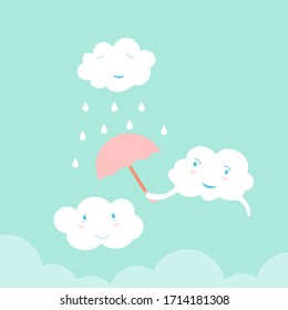 Eine Wolke nutzt Regenschirm für eine andere Wolke, Wolke macht Regen