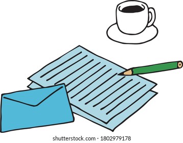 one coffee cup and some letterhead, one envelope, one pencil