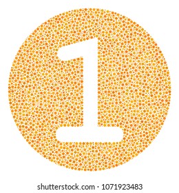 One Coin collage of round dots in various sizes and color shades. Circle elements are united into one coin vector mosaic. Dotted vector illustration.
