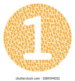 One coin composition of dollars and circle spots. Vector dollar currency pictograms are combined into one coin shape.