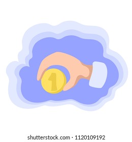 One coin in hand. Money saving colorful vector icon. One dollar payment. Cheap price concept. Buy sell icon. Income saving. Payer hand with money. Bitcoin or golden coin payment. Successful business
