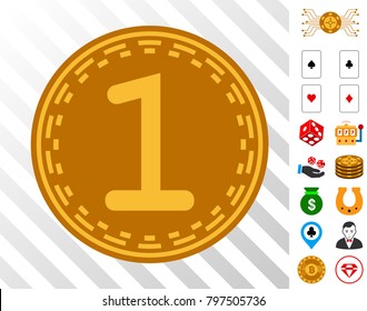 One Coin icon with bonus gamble clip art. Vector illustration style is flat iconic symbols. Designed for gambling ui.