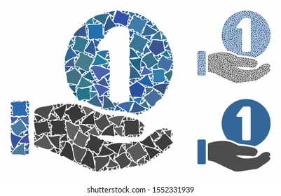 One coin payment hand composition of inequal pieces in different sizes and color tones, based on one coin payment hand icon. Vector inequal parts are composed into collage.