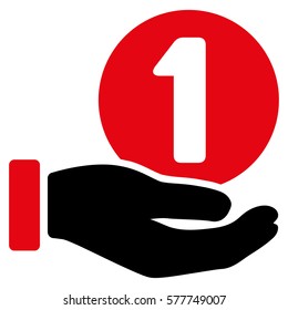 One Coin Payment Hand vector pictograph. Illustration style is a flat iconic bicolor intensive red and black symbol on white background.