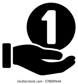 One Coin Payment Hand vector pictograph. Illustration style is a flat iconic black symbol on white background.