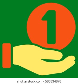 One Coin Payment Hand vector pictograph. Illustration style is a flat iconic bicolor orange and yellow symbol on green background.