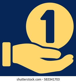 One Coin Payment Hand vector pictogram. Illustration style is a flat iconic yellow symbol on blue background.