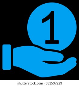 One Coin Payment vector icon. Style is flat blue symbol, rounded angles, black background.