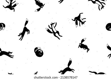 One Color Black Fox Pattern. Cute Foxes In Different Pose. Wild Fox Pattern. Some Funny Vixens