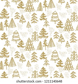 One Color Christmas Tree Hand Drawn Sketch Vector Illustration. Cute Seamless Pattern For Wrapping Paper, Fabric, Background, Surface Design. 