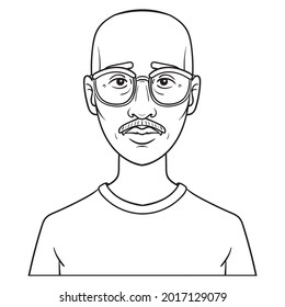 one color comic avatar with bald head and glasses. outline, vector, isolated.