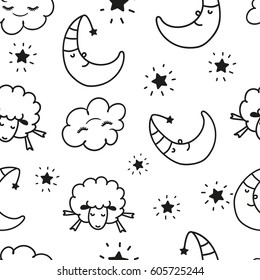 One Color Cute Good Night Seamless Vector Pattern With Moon Twinkle Stars Clouds And Sheeps