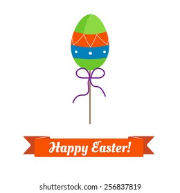 one color flat egg with ornament on a stick with a bow on white background with flat ribbon and greeting text