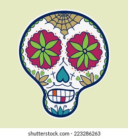 One color hand-drawn sugar skull. Haloween or Day of the Dead celebration. Vector illustration. Easy paste to any background