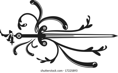 One color illustration of a sword design element.