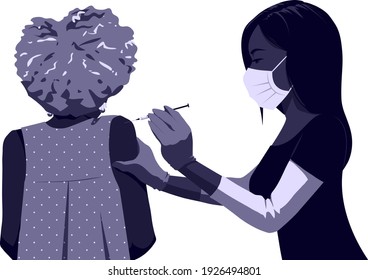 One color illustration of a woman nurse wearing gloves and a face mask who administers a vaccine to an elderly woman patient.