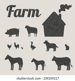One color set of farm animals and country house 