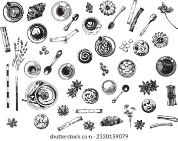 One color top view outline illustration of coffee cups, spicies, flowers and sweets