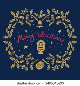 
one color vector nutcracker in holly christmas wreath