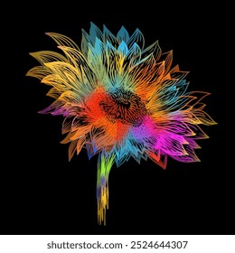 Eine farbige Sonnenblume auf schwarzem Hintergrund. Handzeichnung. Nicht AI, Vektorgrafik.