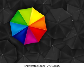 One colored umbrella and background of many black umbrellas - vector illustration