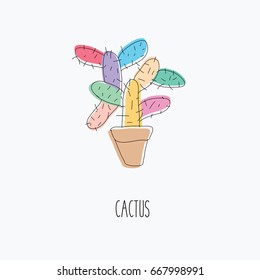 one colorful beautiful cactus icon in a pot with space for text flat design background & black outline frame isolated. creative & concept mexico dessert cartoon