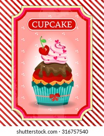 One colorful cupcake with red cherry with green leaf, pink whipped cream, small hearts, red bow, striped background