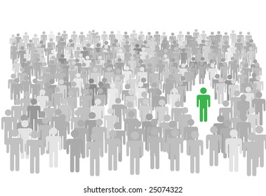 One colorful individual person stands out from large diverse crowd of gray symbol people.