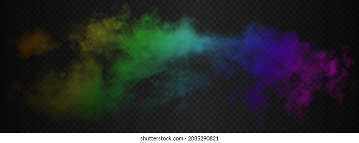 One Colorful Long Side Rainbow Smoke Cloud Of Red, Orange, Yellow, Green, Blue, Purple And Pink Colors Isolated On Dark Semi Transparent Background. Gradient Fog Vector Illustration.