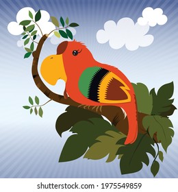 one colorful macaw hanging on the tree branch with bright blue sky background, natural concept on illustration vector image.