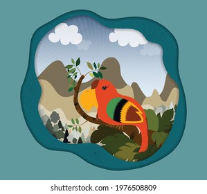 one colorful macaw hanging on the tree branch with bright blue sky background and green paper cut frame, natural concept on illustration vector image.