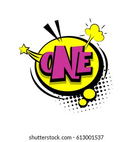 One comic funny colorful number, count, school, badge cloud vector pop art style. Colored message bubble speech template illustration. Comics book background template.